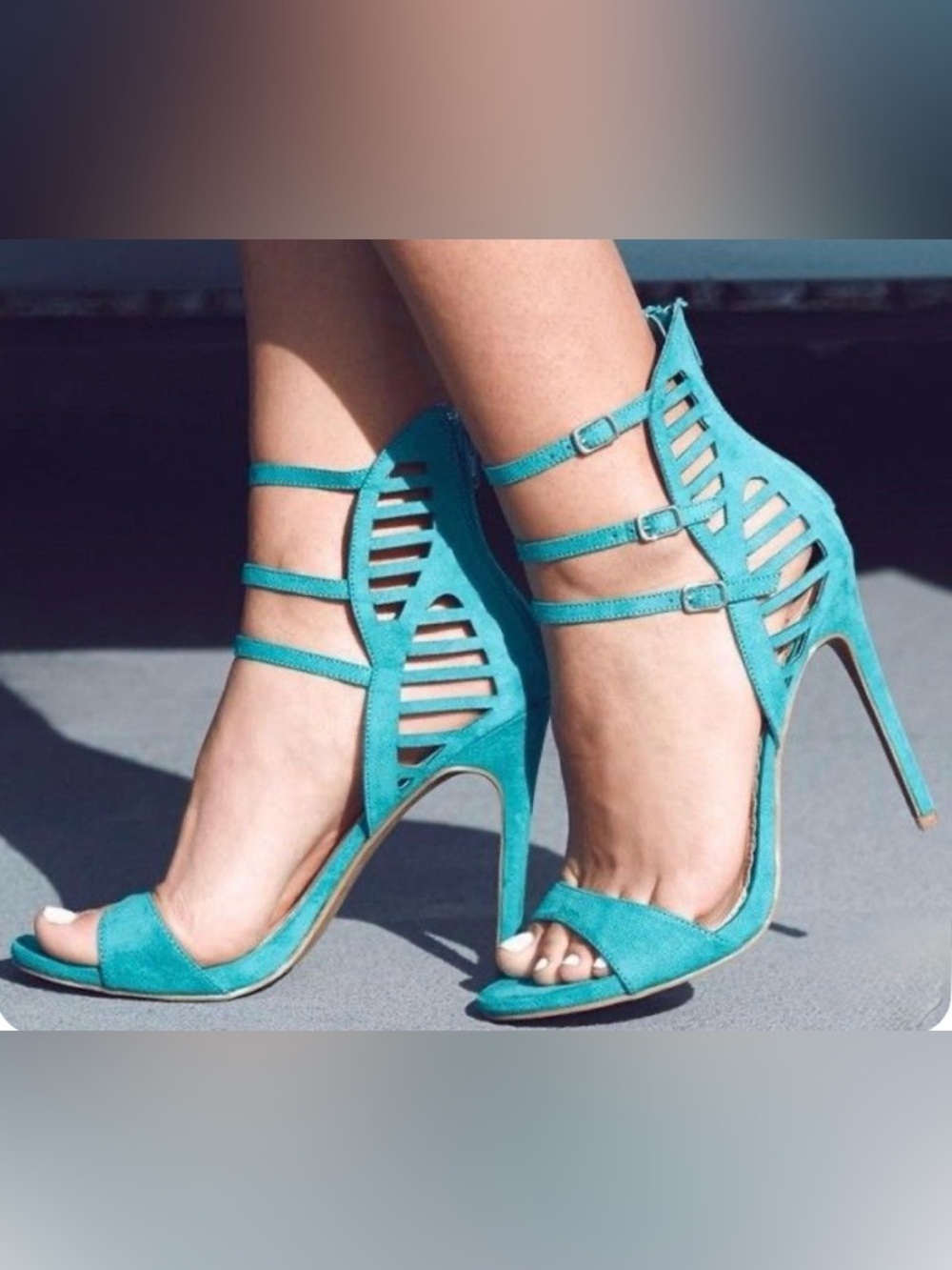 MADISON Teal Cage 3 Buckle Faux Suede Stiletto Open Toe Heels Size 9 - Picture 2 of 16